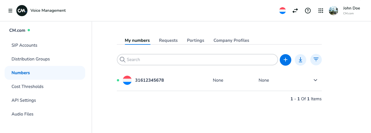 The Numbers page in the Voice Management app 
