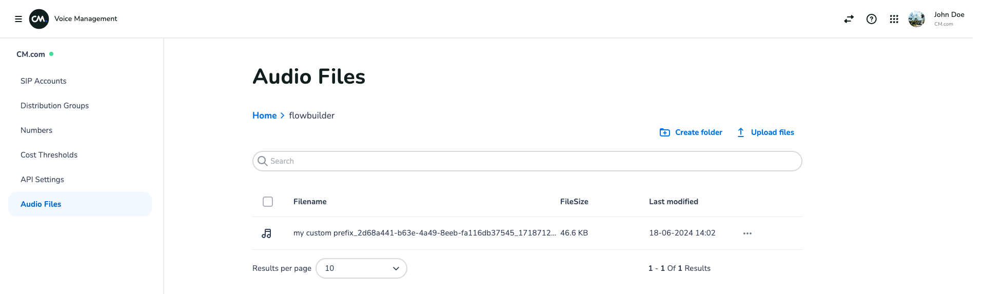Example of a FlowBuilder recording with the prefix my custom prefix in the Voice Management app.