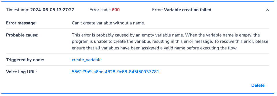 Example of an execution error thrown because the variable name field was not filled in the Create variable block.