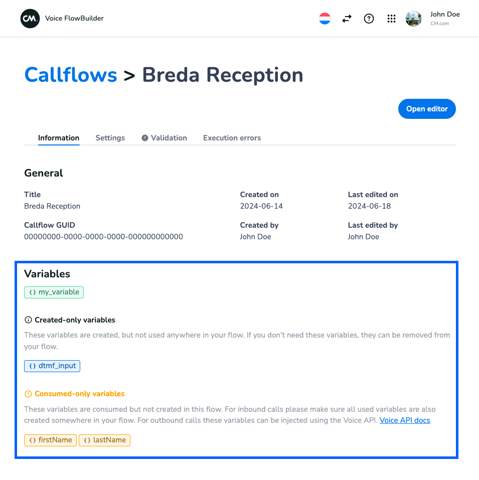 Callflow detail page that shows a number of flow variables