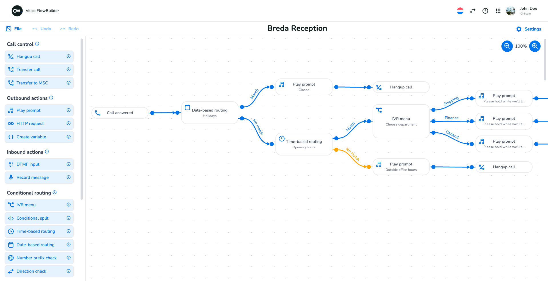 The Voice Flowbuilder application that shows an example of a simple front-desk flow.