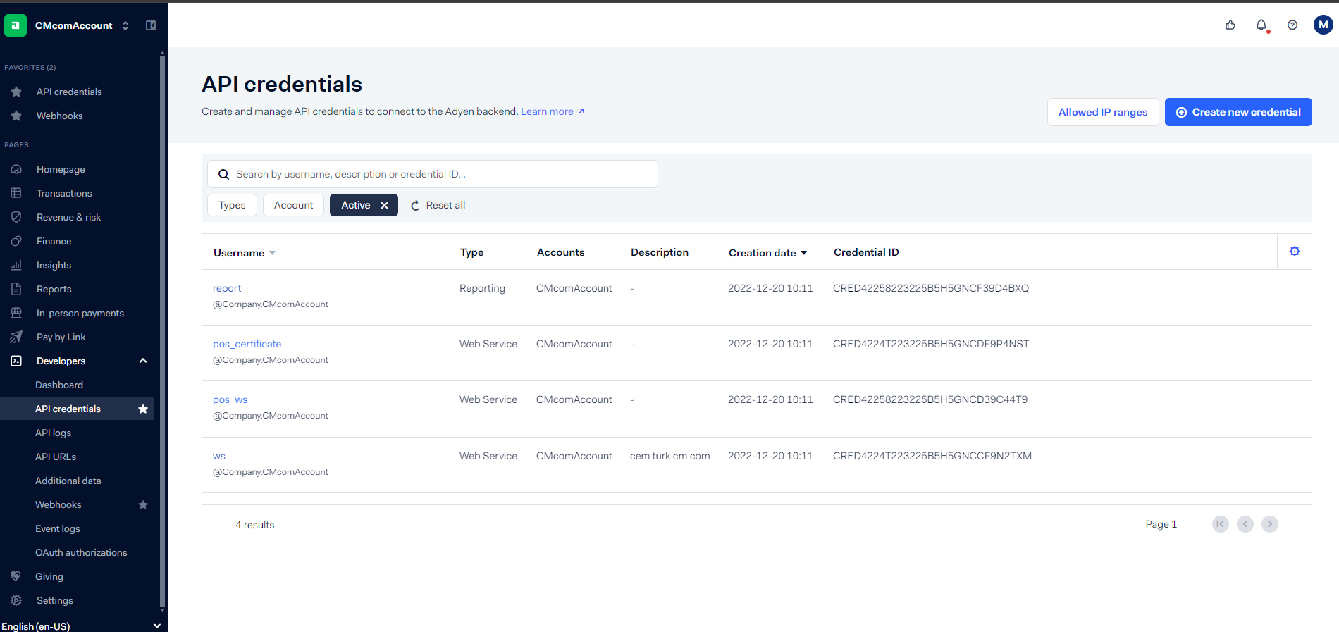 Adyen API credentials generation screen