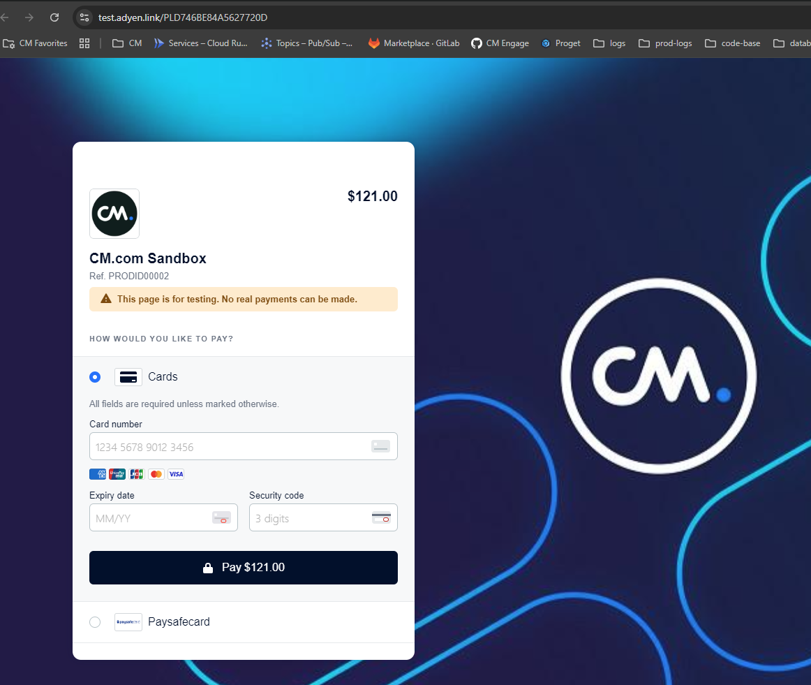 Payment window shown after following the transaction redirect URL