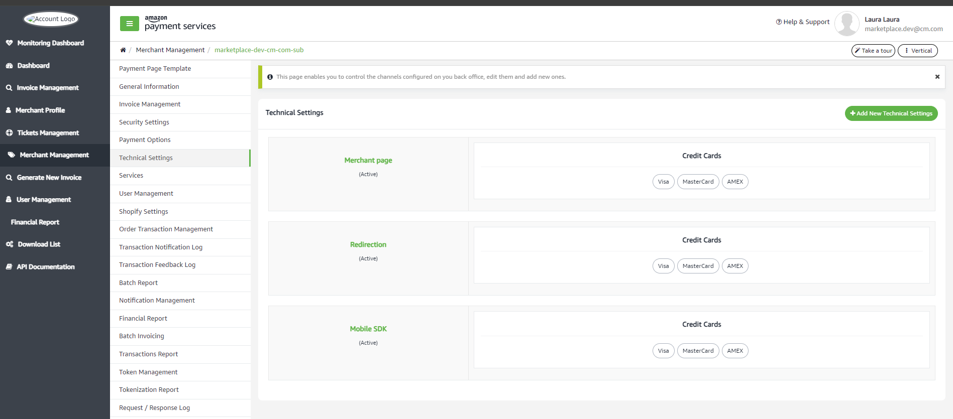 Amazon Payment Service redirection payment channel setting