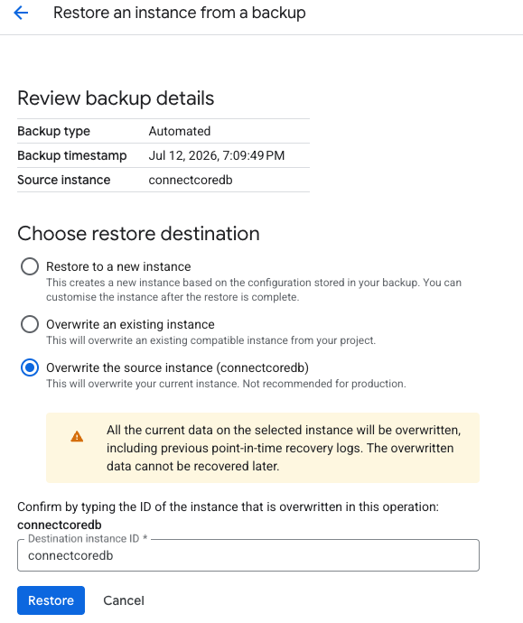 Cloud SQL restore test details in GCP console