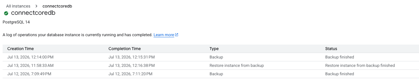 Cloud SQL operations log showing the restore operation