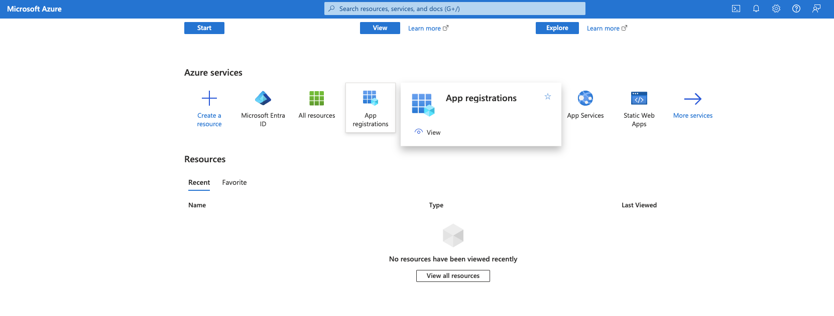 Azure App registrations menu with New registration button