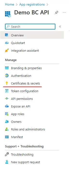 Certificates &amp; secrets menu entry