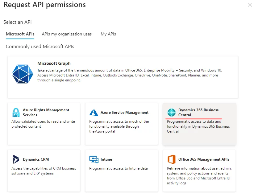 API Permissions list with Dynamics 365 Business Central