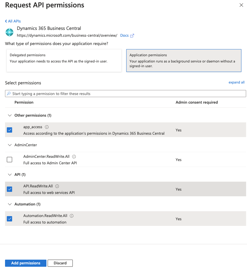 Admin consent confirmation for API permissions