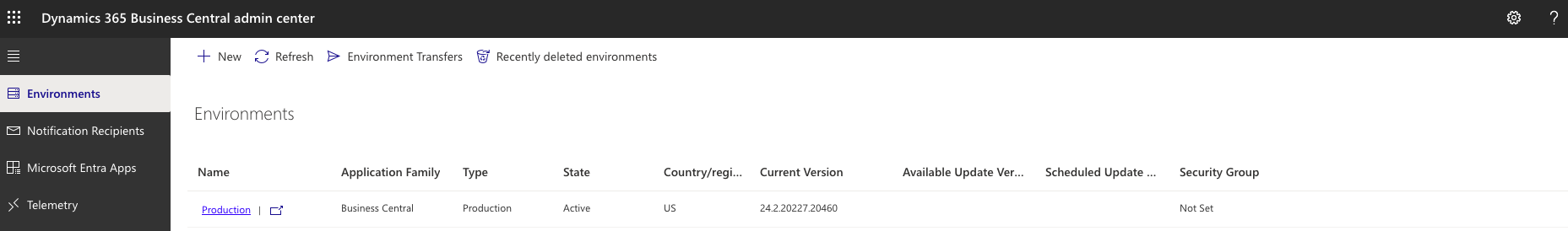 Business Central Admin Center environment name
