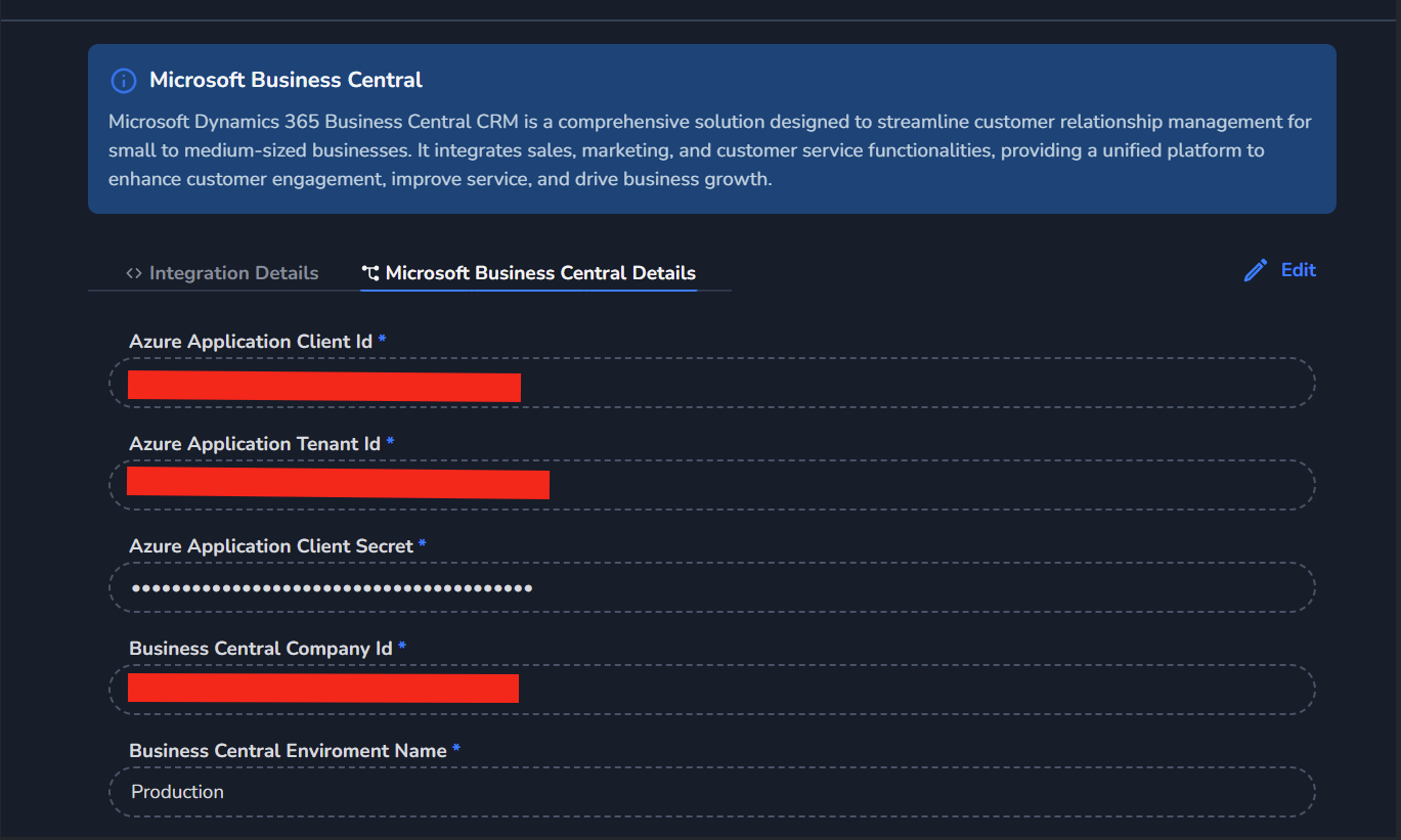 Business Central CRM Details form ready to save