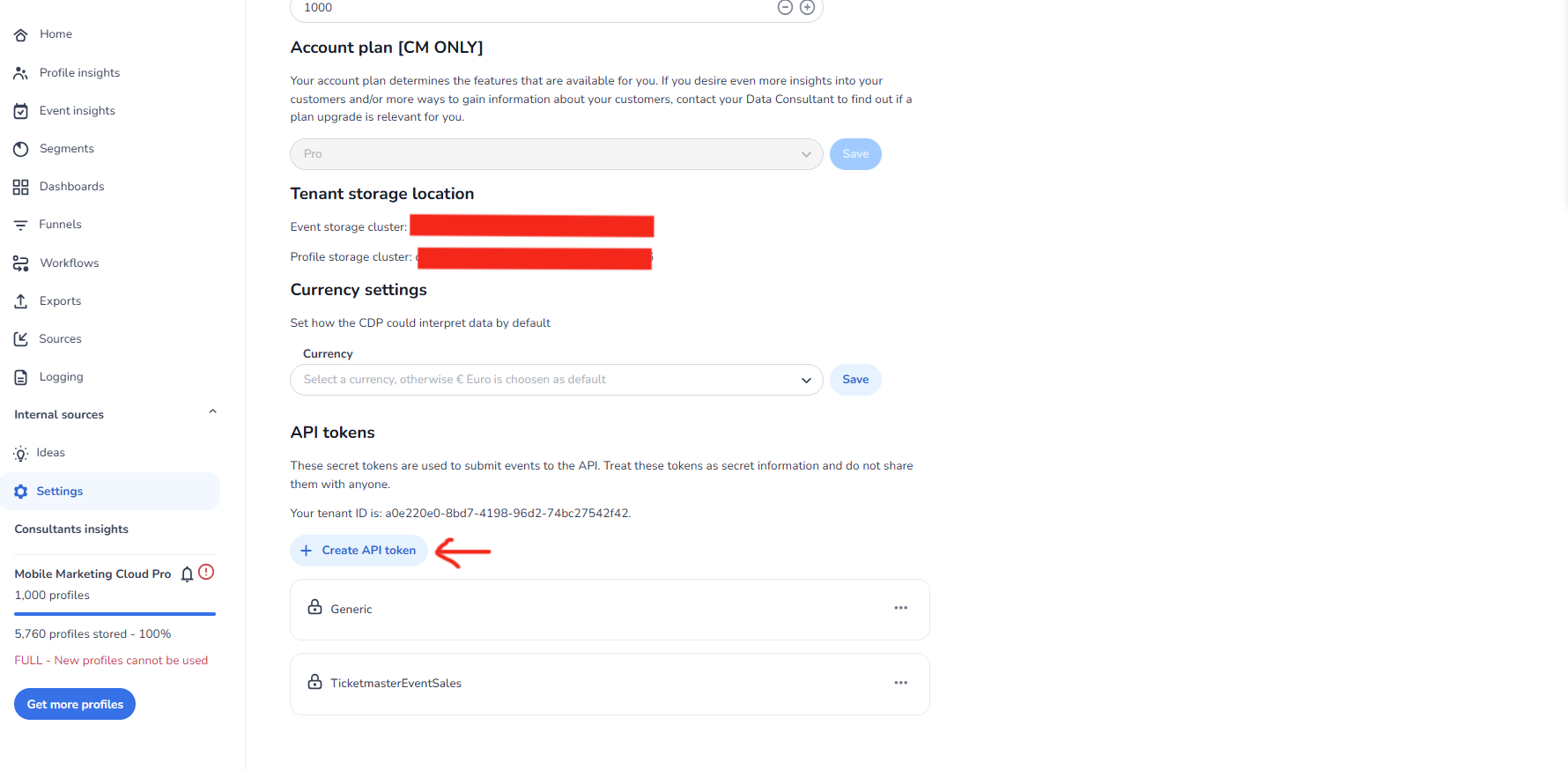 CDP Create API token screen