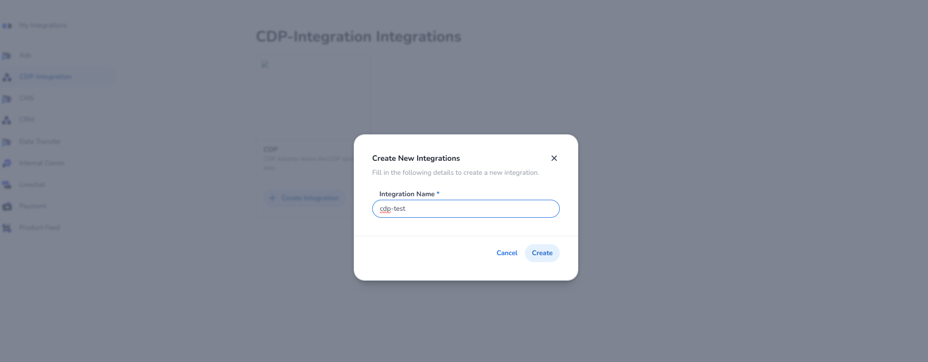 Create Integration dialog with Integration Name field