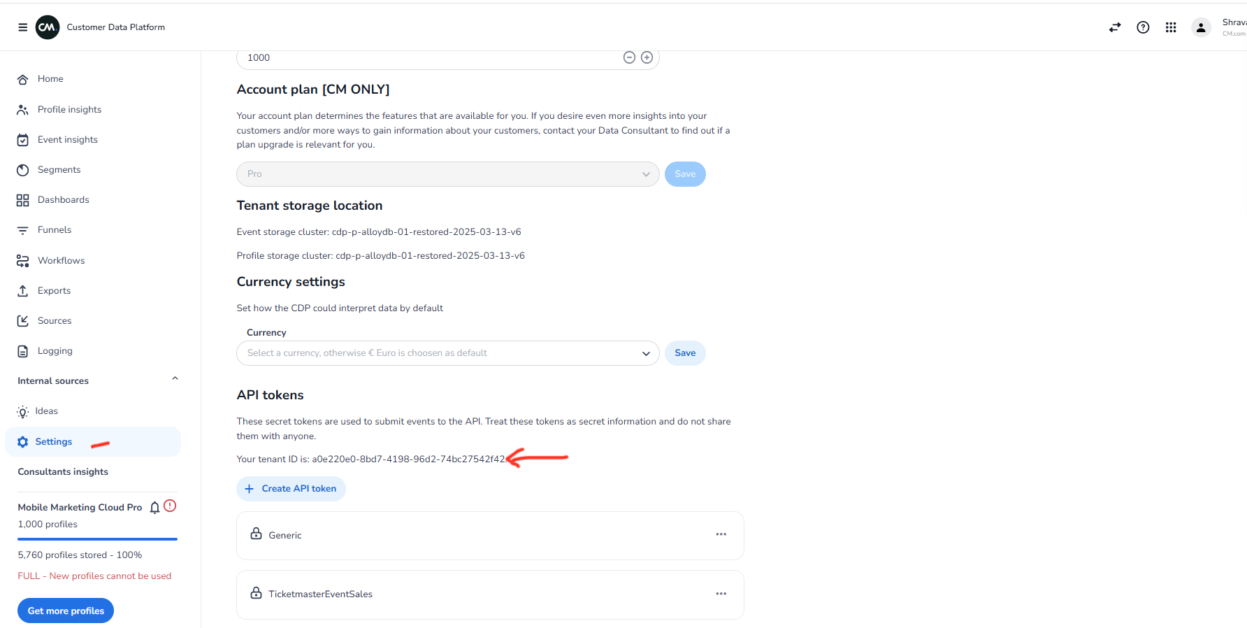 CDP Settings page showing the Tenant Id