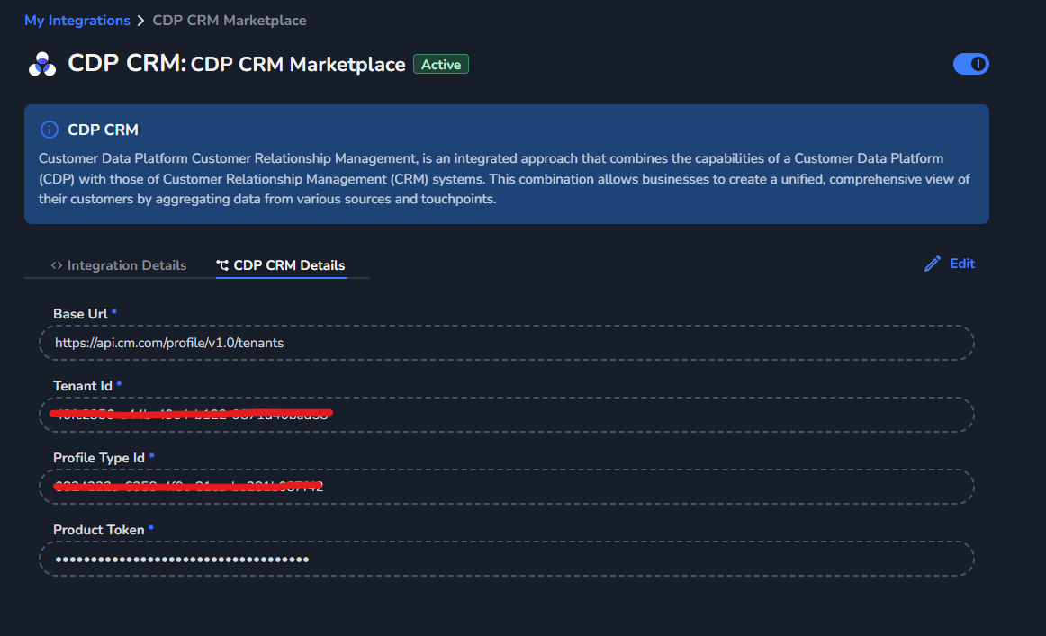 CDP CRM Details section with Base URL, Tenant ID, API Token and Profile Type ID fields