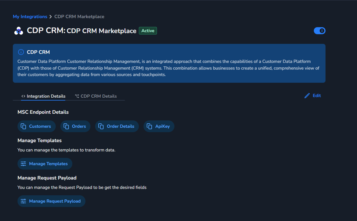 Integration Details section under CDP CRM