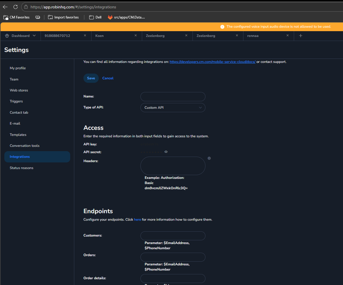MSC endpoint configuration with copied CDP CRM details