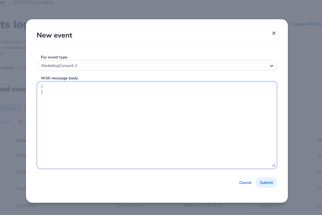 Selecting the event type and message body for logging