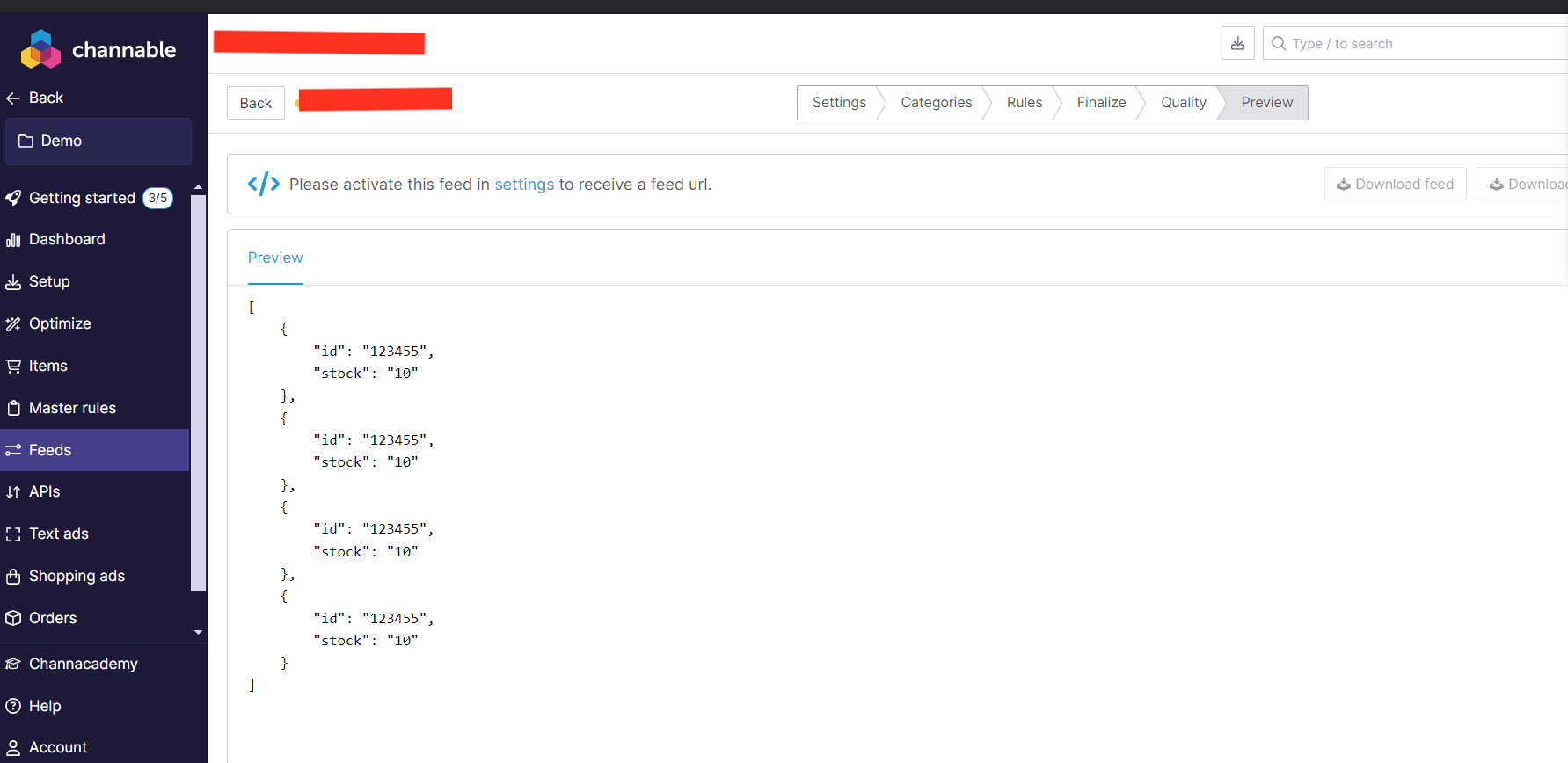 Channable copy JSON feed public link