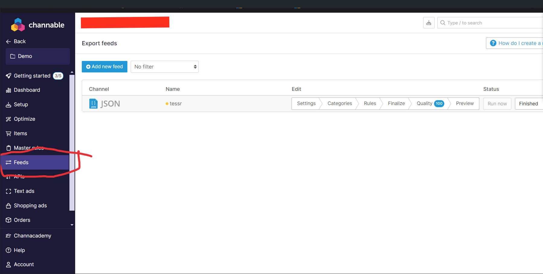Channable feed type search showing Custom (JSON) option