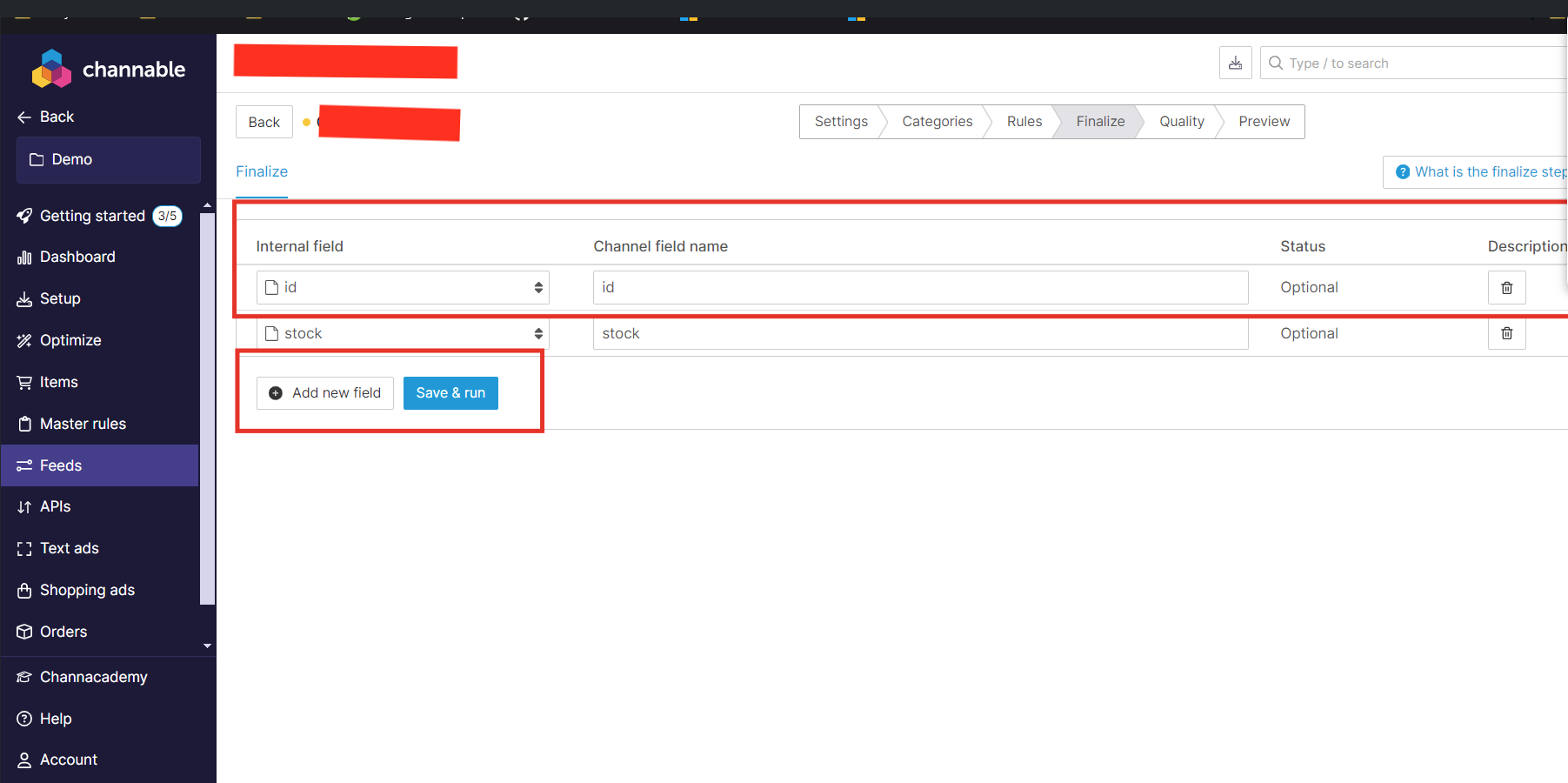 Channable Finalize section field selection