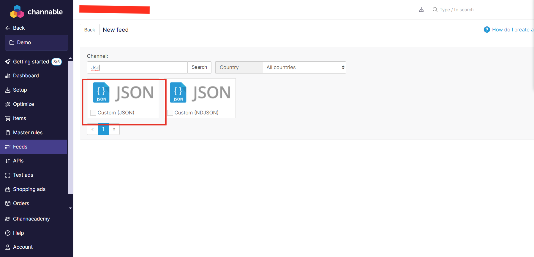 Channable feed name and rule group selection screen