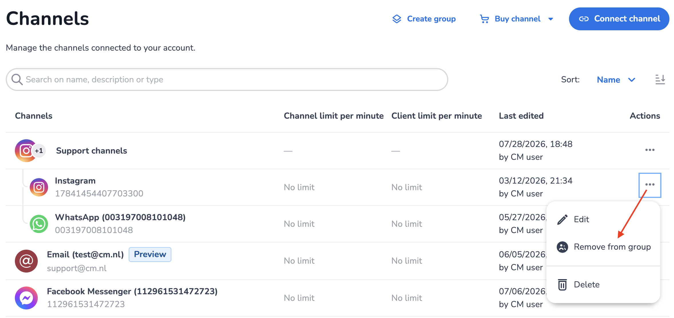 Remove channel from the group