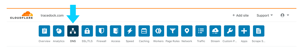 Cloudflare dashboard navigation with an arrow pointing at the DNS tab