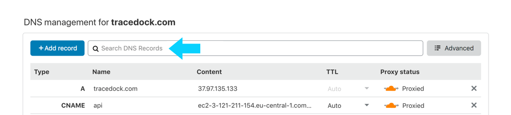 Cloudflare DNS management page with an arrow pointing at the Search DNS Records field above the list of records