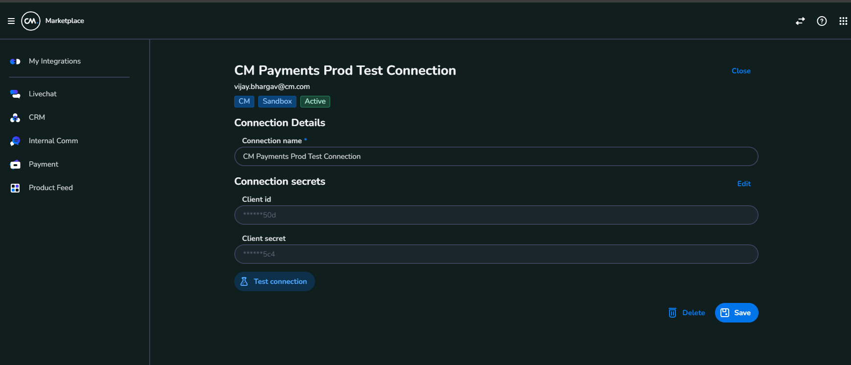 CM payment connection configuration screen