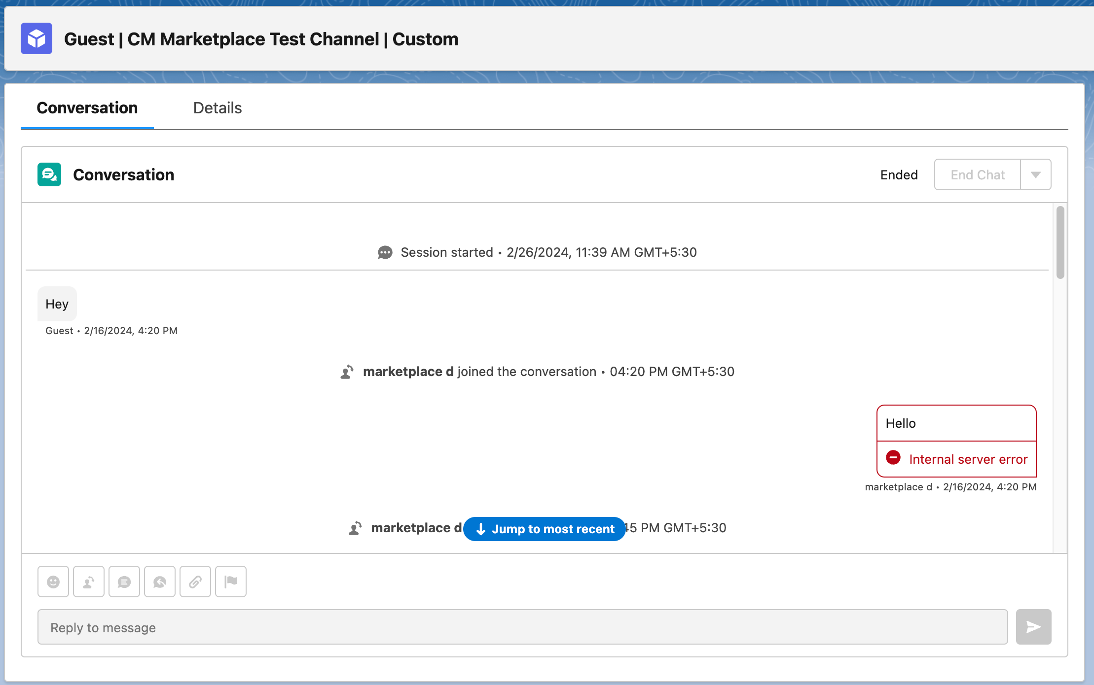 Internal server error shown in Salesforce Service Console when sending a message