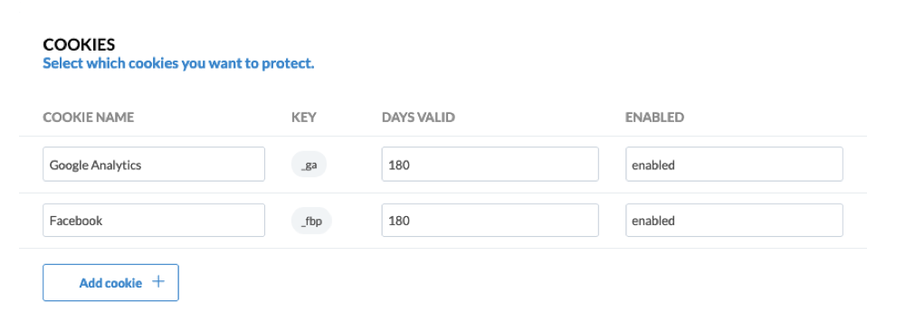 Webtracker cookie settings listing Google Analytics (_ga) and Facebook (_fbp), each valid for 180 days and enabled, with an Add cookie button