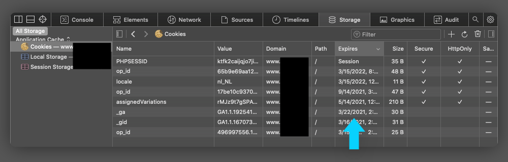 Safari Web Inspector Storage tab listing cookies with their expiry dates, and an arrow pointing at the Expires column