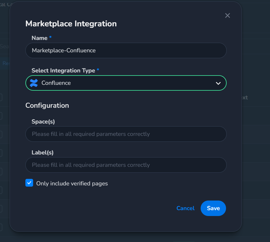 Confluence integration first-time configuration form