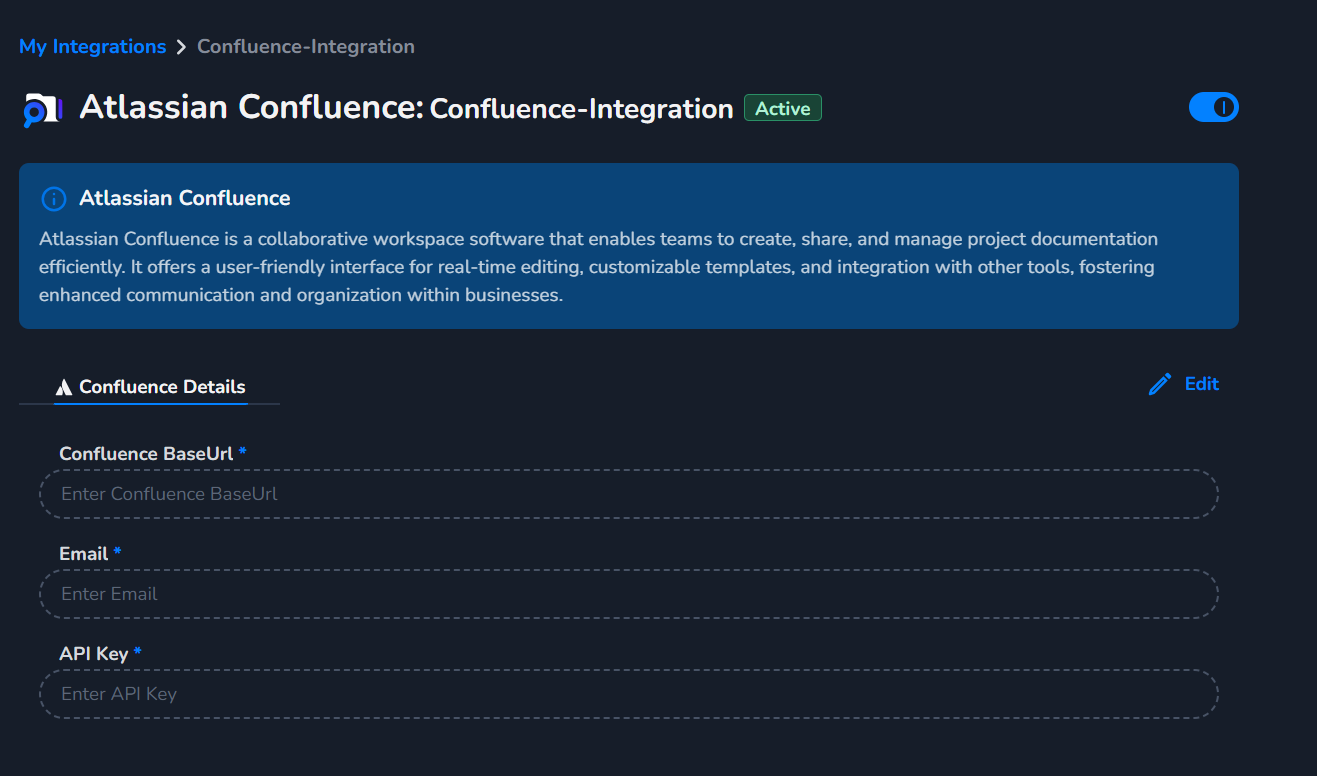 Confluence integration Base URL, API Key and Email ID fields