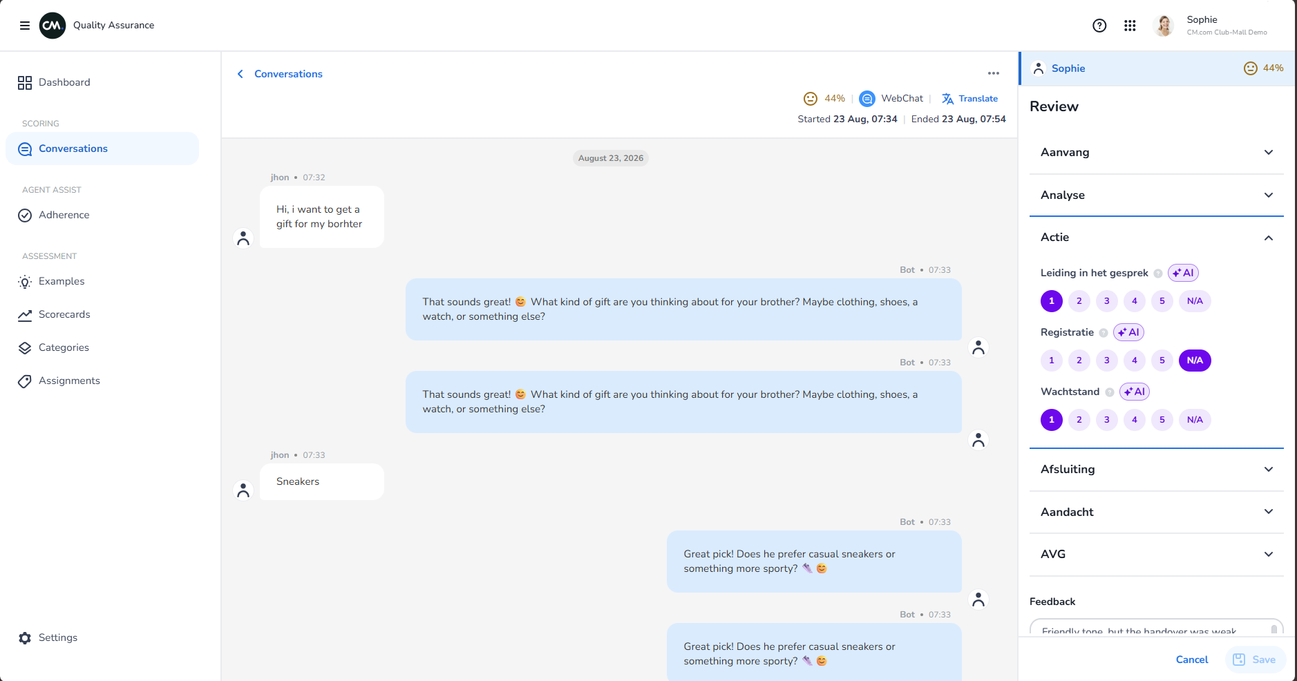 Conversation review with ratings