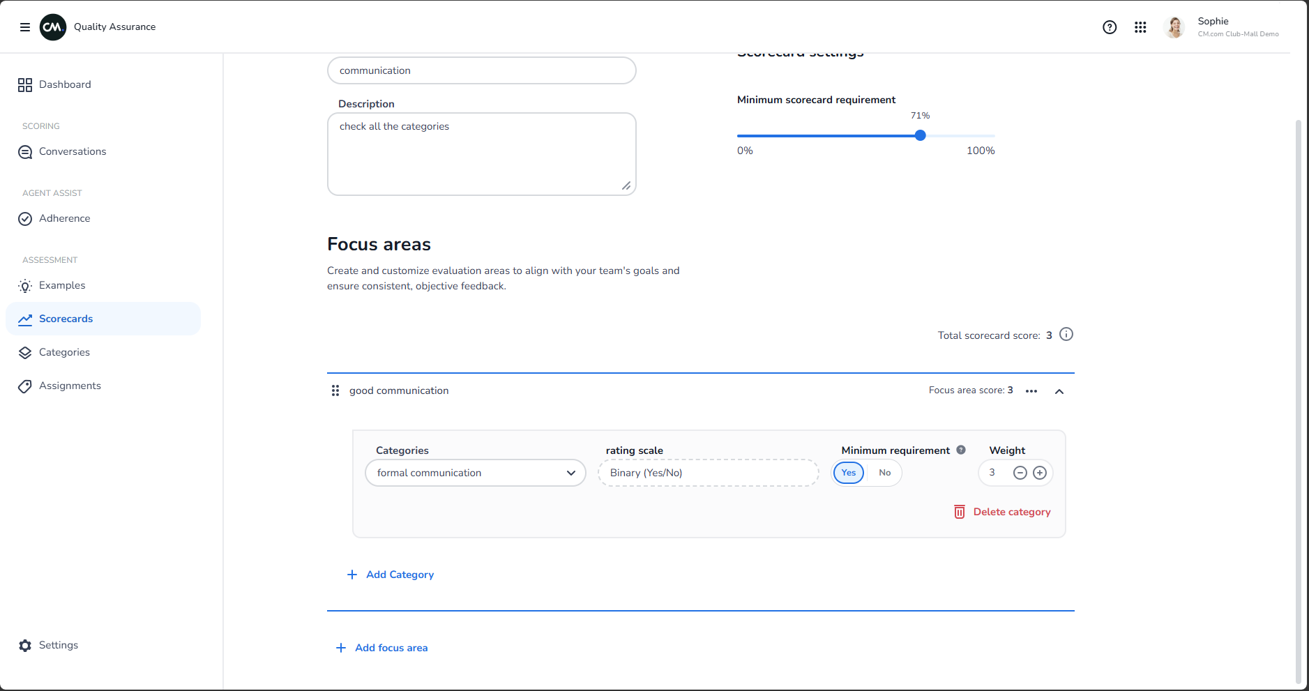 Creating quality area in scorecard