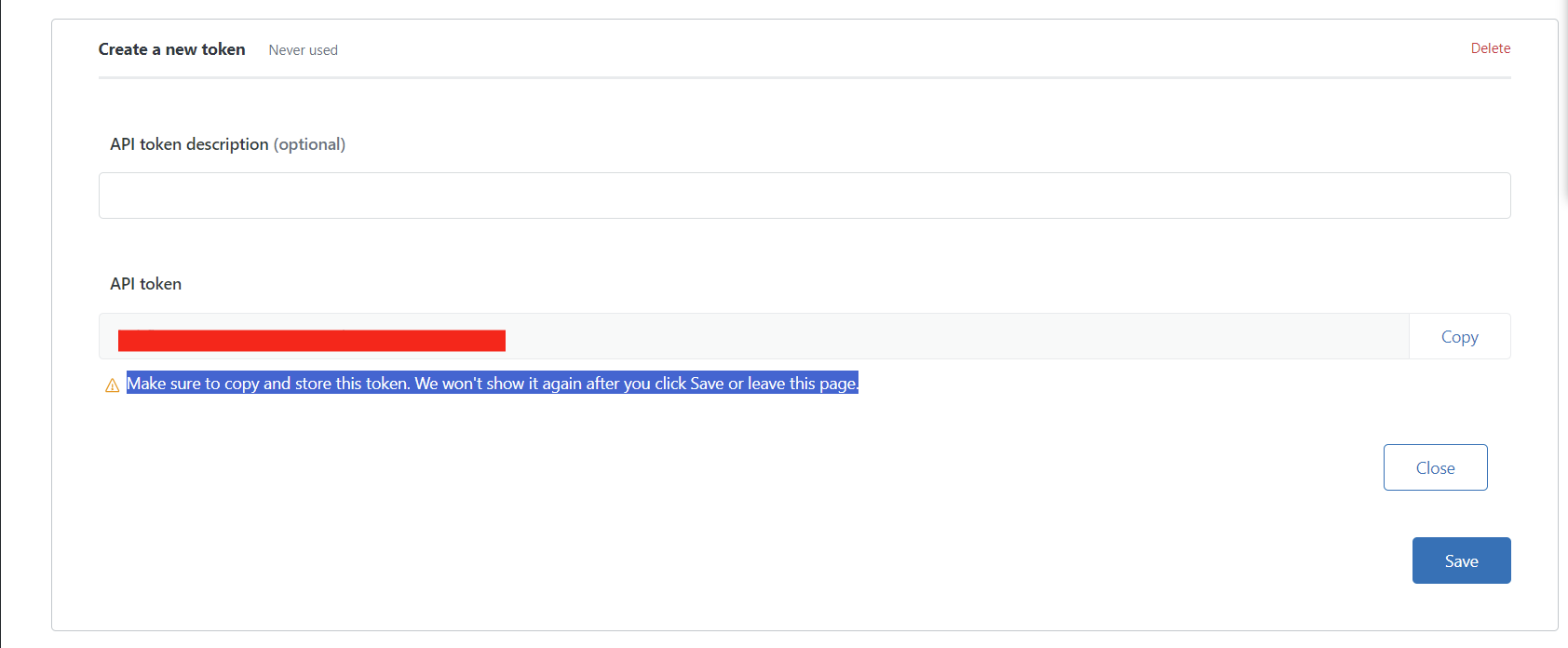 Zendesk Add API Token screen
