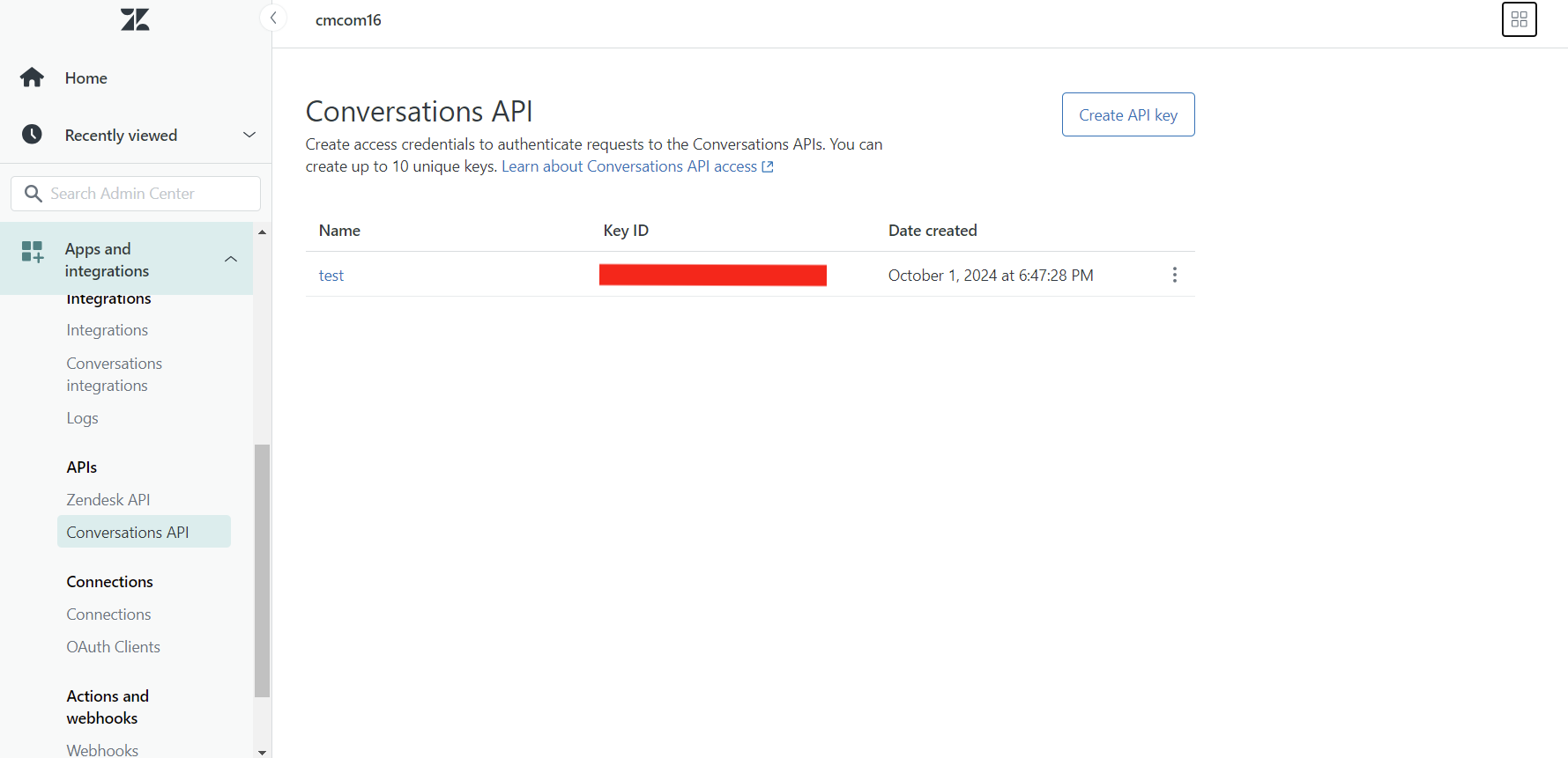 Zendesk Conversation API key creation screen
