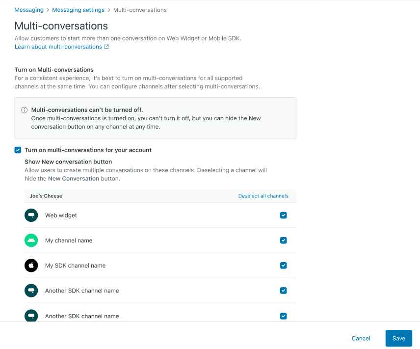 Zendesk multi-conversations setup screen