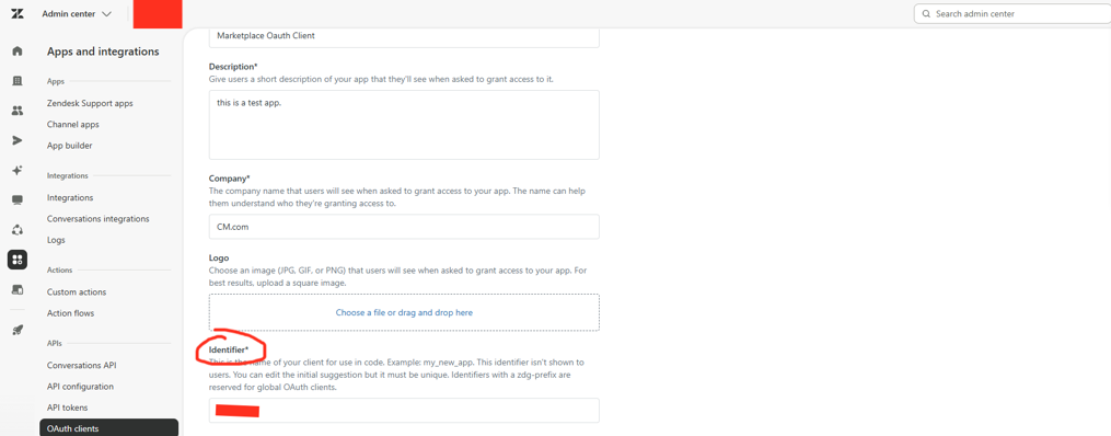 Zendesk OAuth Client Identifier field