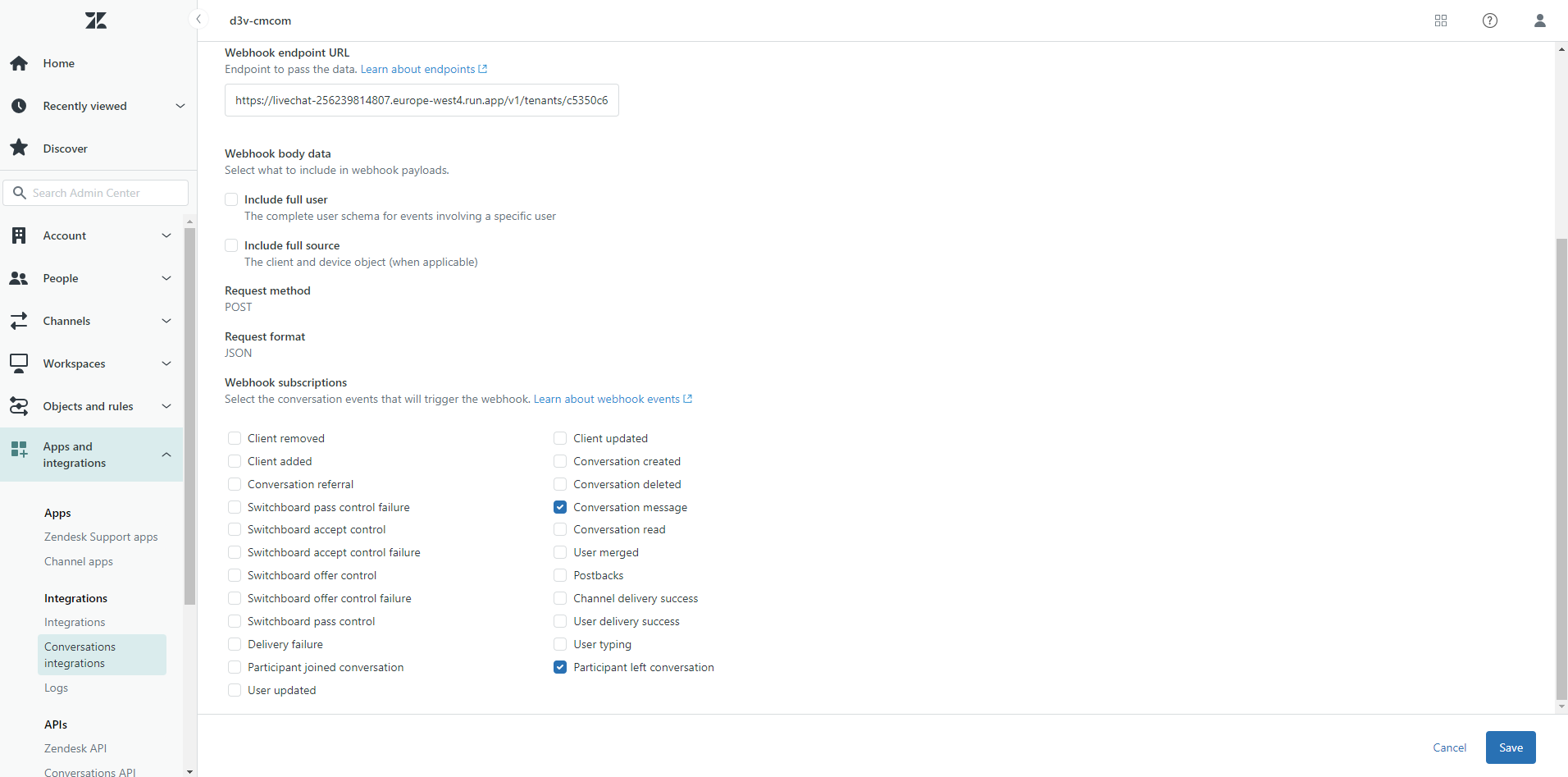 Zendesk Conversation Integration saved configuration