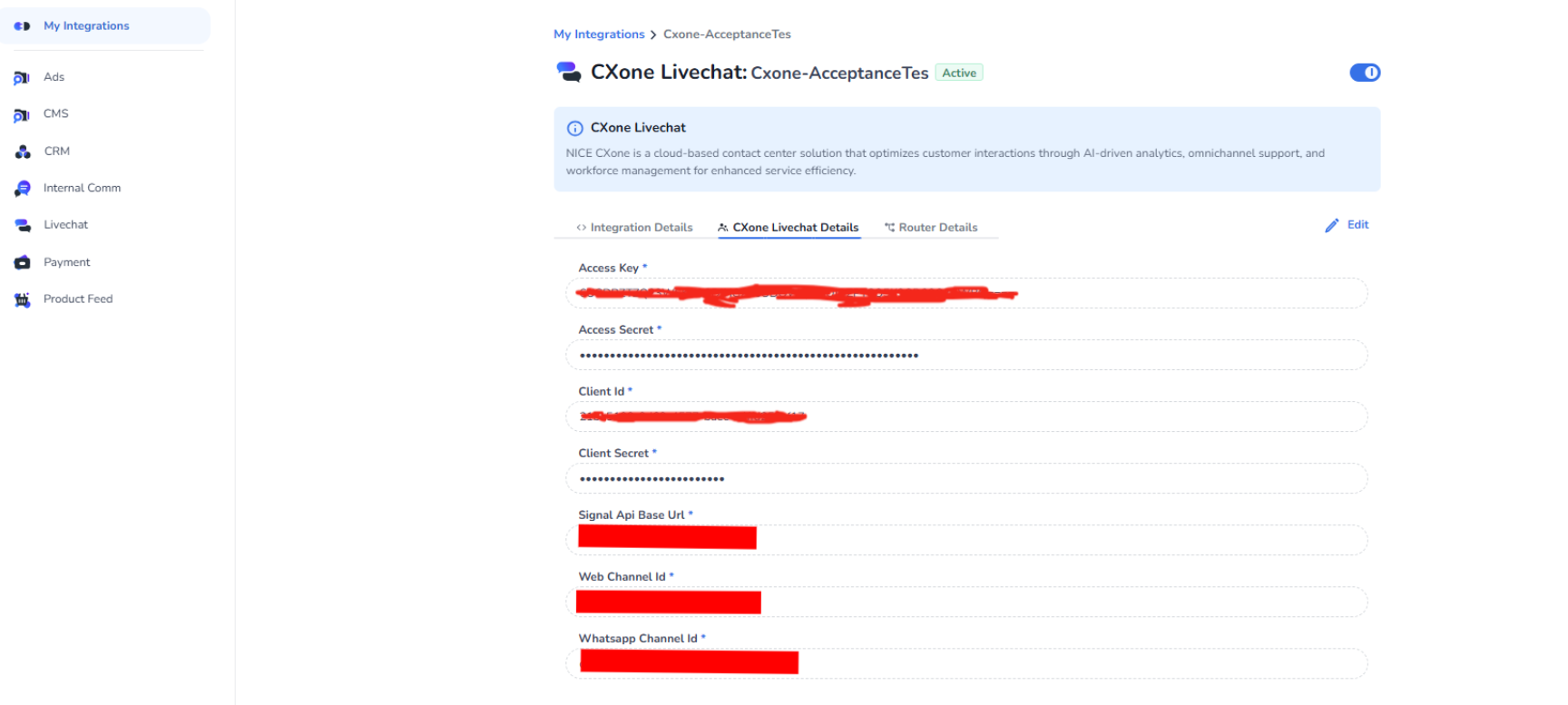 Marketplace form for CXone details