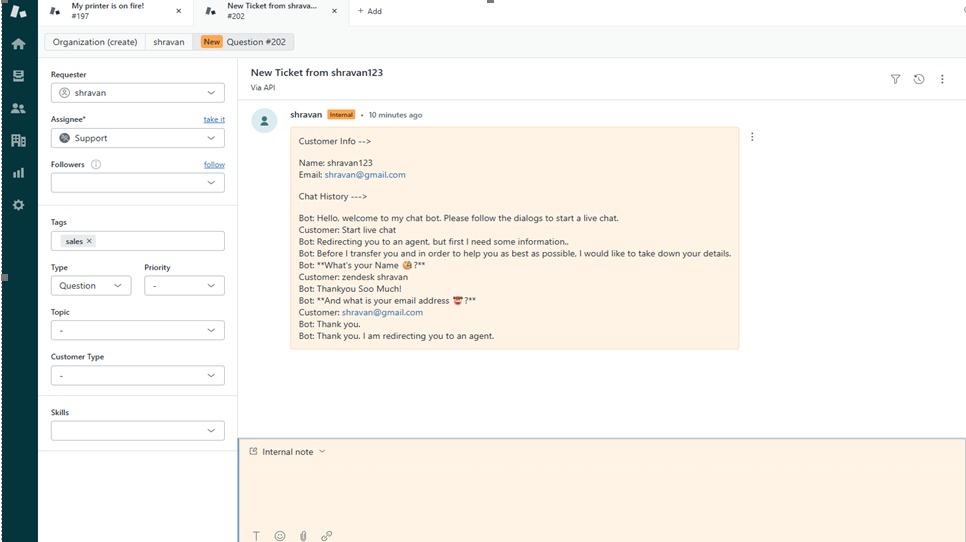 Zendesk agent portal showing channel name displayed under tags