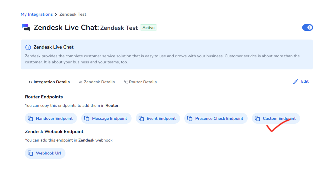 Marketplace UI showing the Custom Endpoint URL for the Zendesk integration
