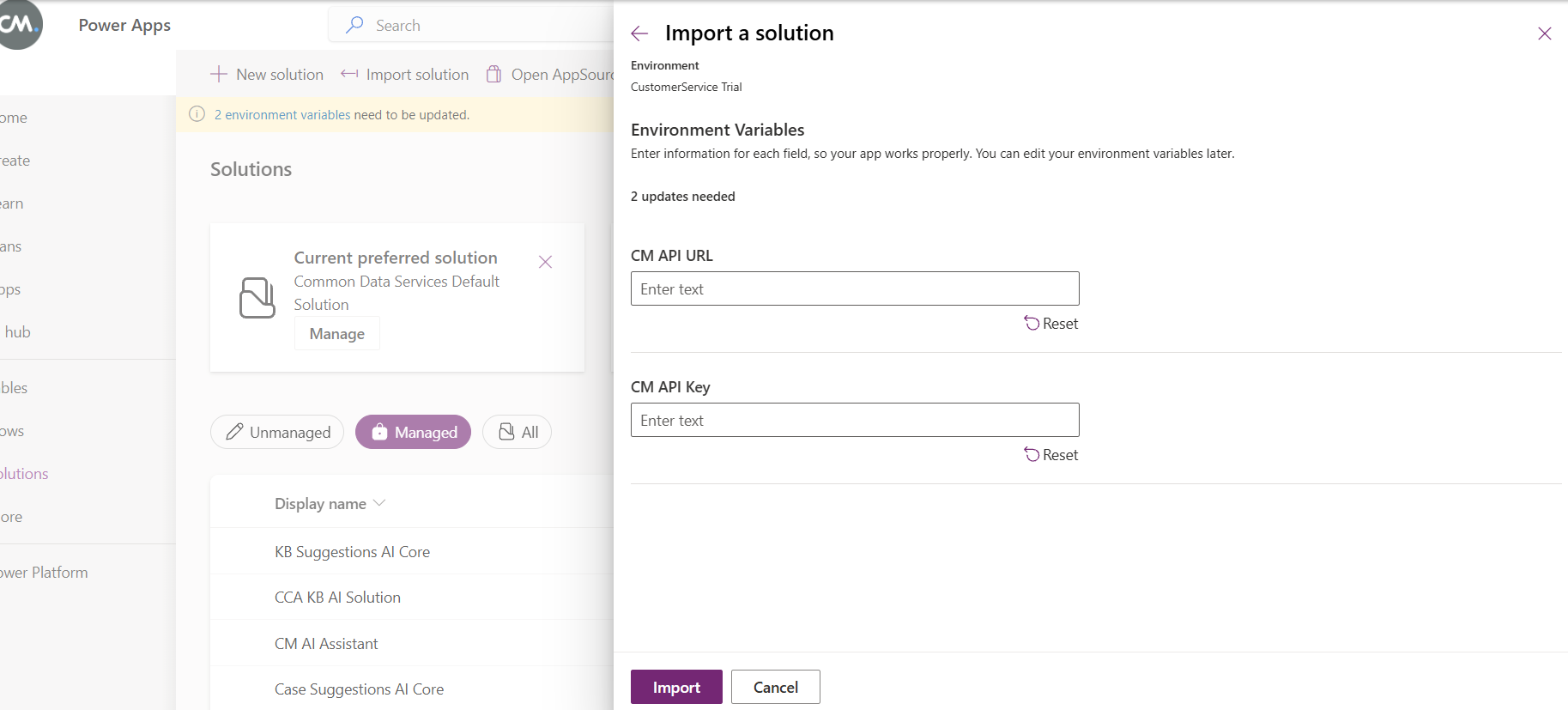 Environment variables prompt during solution import