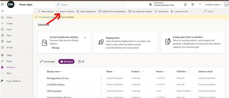 Import solution Browse dialog in Power Apps
