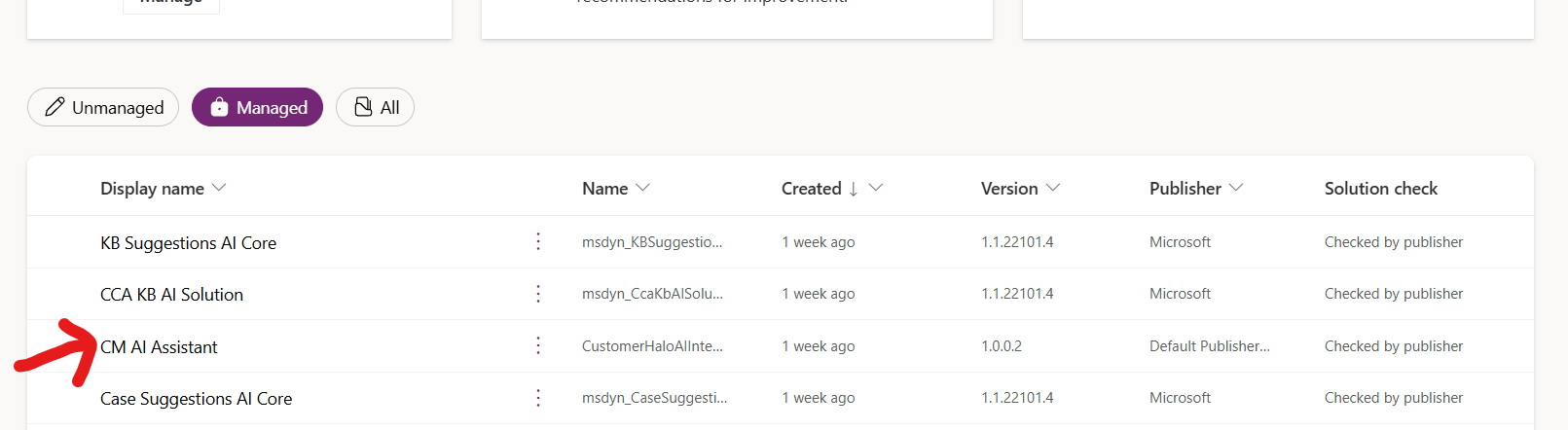 Select the imported solution in the Solutions list