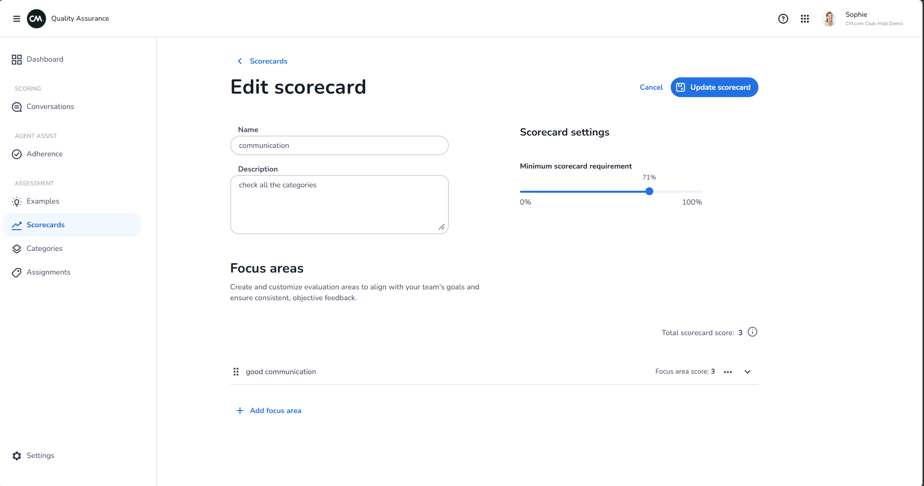 Edit scorecard interface